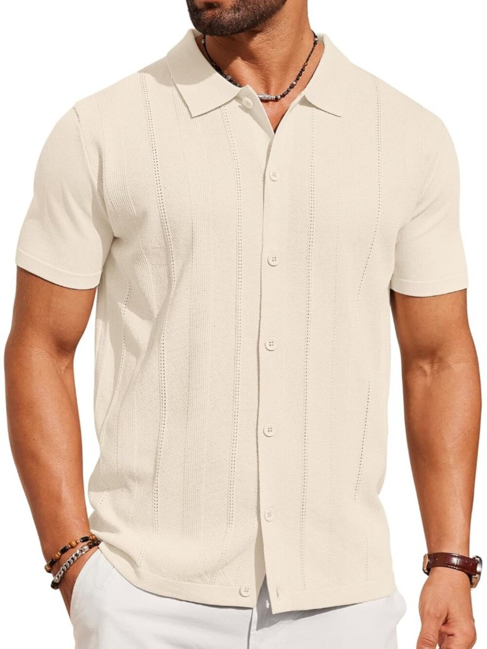 Men's Beige Knit Short Sleeve Button Down Polo premium lightweight Shirt